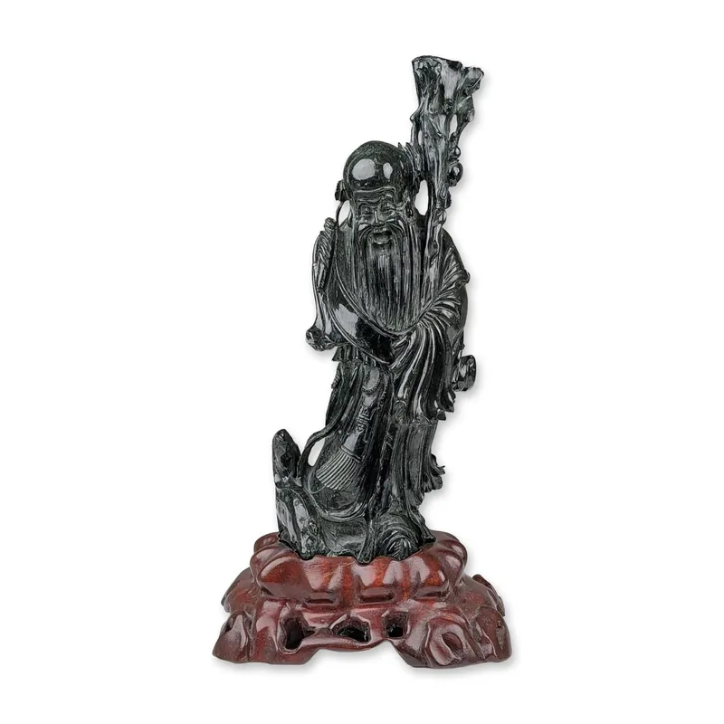 Chinese Spinach Jade Shoulao Carved Figurine with Wood Stand from auction in Hollywood, Florida