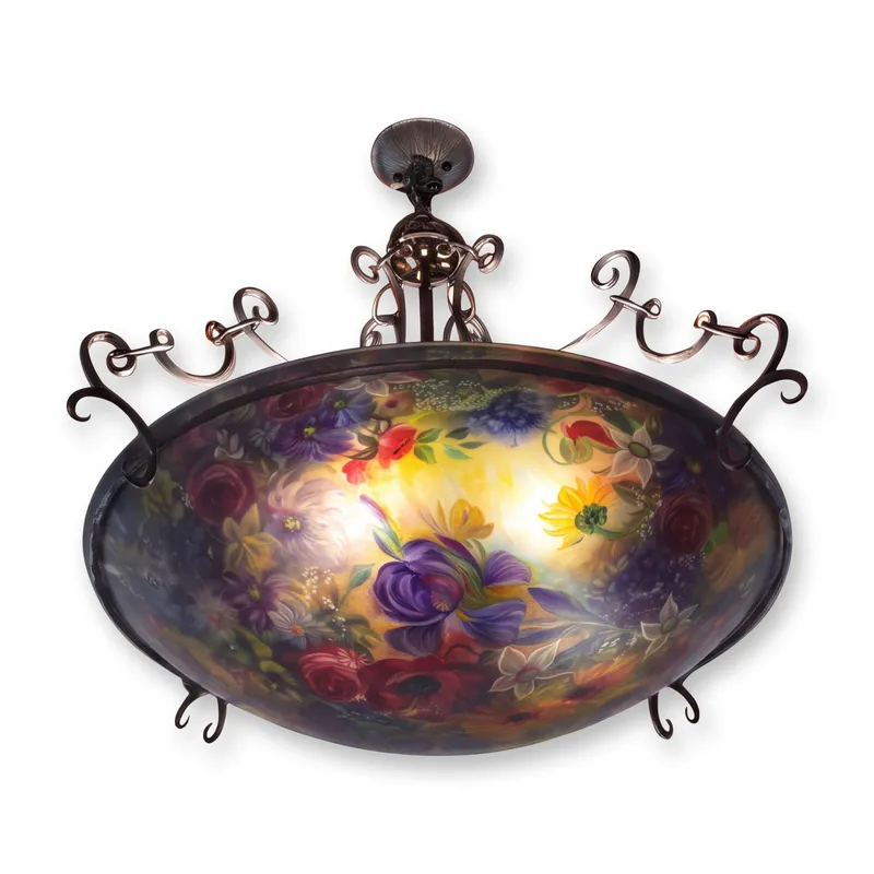 Ulla Darni Floral Reverse Painted Glass and Wrought Iron Dome Chandelier from auction in Hollywood, Florida