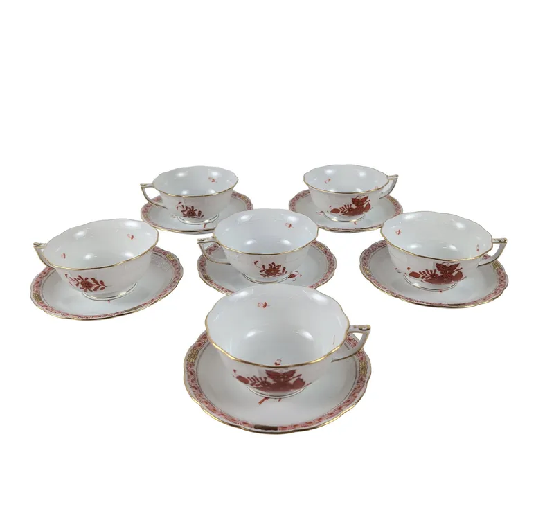 12pc Herend Chinese Bouquet Orange Porcelain Teacups and Saucers from auction in Hollywood, Florida