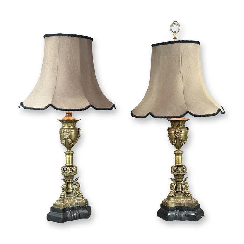 Pair of Neoclassical Style Gilt Metal Urn Form Table Lamps with Shades from auction in Hollywood, Florida