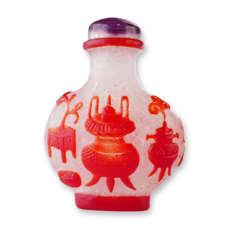 Peking Glass Overlay Snuff Bottle, Red Incense Burners from auction in Hollywood, Florida