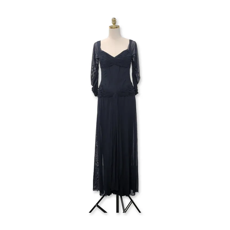 Vicky Tiel Couture Navy Blue Mesh Ruched Evening Gown from auction in Hollywood, Florida