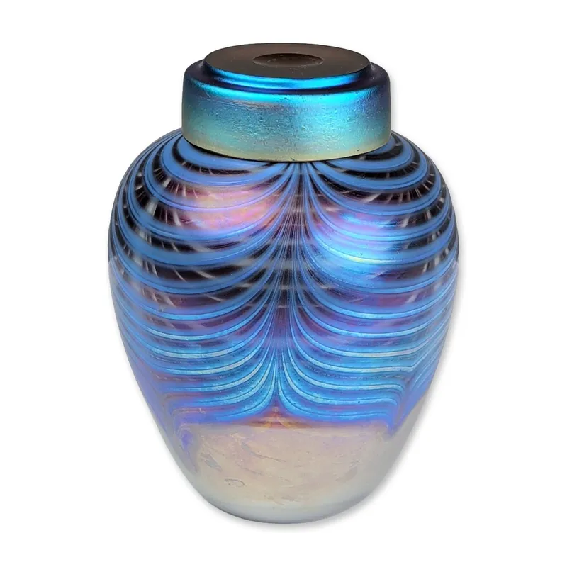 Kyle Gribskov Art Glass Iridescent Pulled Feather Jar, Signed from auction in Hollywood, Florida