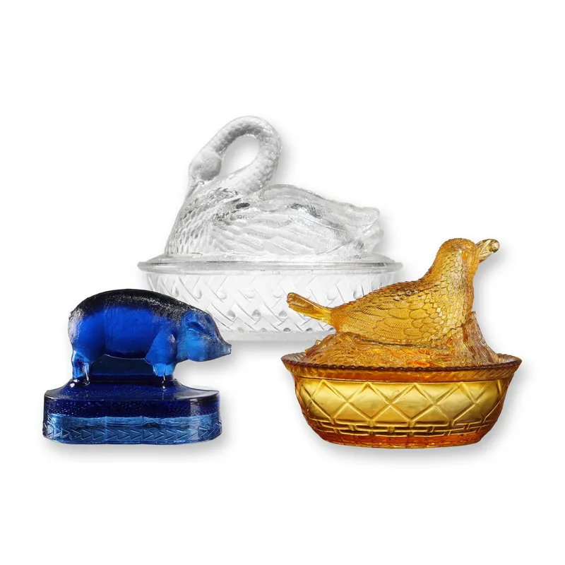 3 EAPG Figural Glasses Robin & Swan on Nest + Bellaire Pig Paperweight from auction in Hollywood, Florida