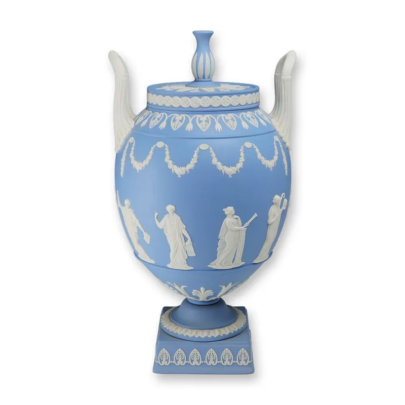 Large Wedgwood Pale Blue Jasperware Lidded Urn on Plinth from auction in Hollywood, Florida