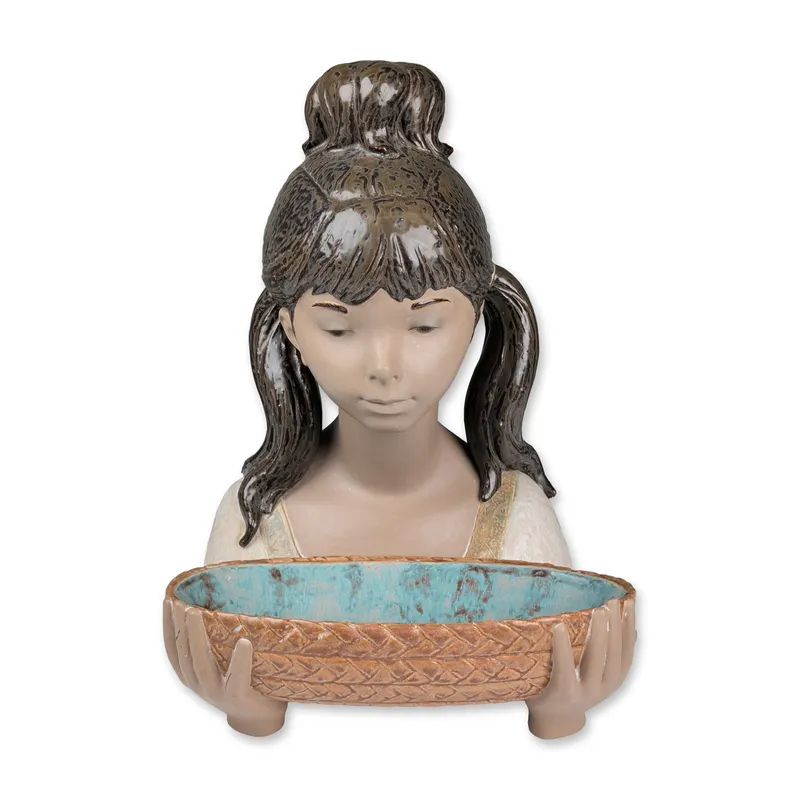 2pc Lladro Gres Porcelain Bust Sculpture, Gardener Girl with Basket 01012017 from auction in Hollywood, Florida