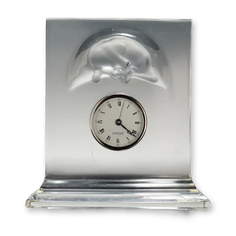 Lalique "Chat Horloge" Frosted and Clear Crystal Desk Clock from auction in Hollywood, Florida