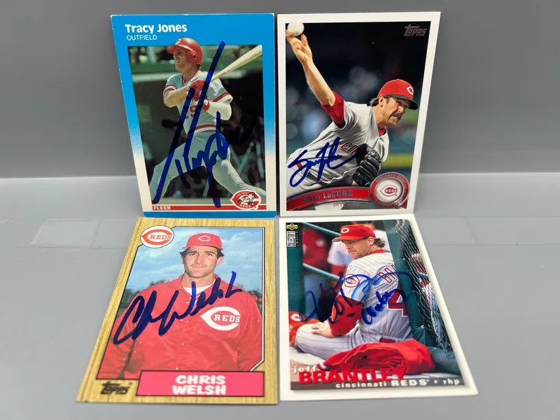 (4) Cincinnati Reds Baseball In Person Autographed Cards - Tracy Jones, Sam LeCure, Chris Welch, & Jeff Brantley - No COAs from auction in Greenville, Ohio