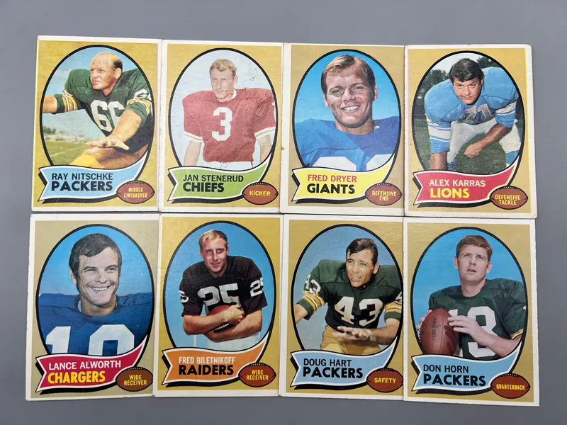 (8) 1970 Topps Football - Varying Conditions - Lance Alworth, Ray Nitschke, Jan Stenerud from auction in Greenville, Ohio