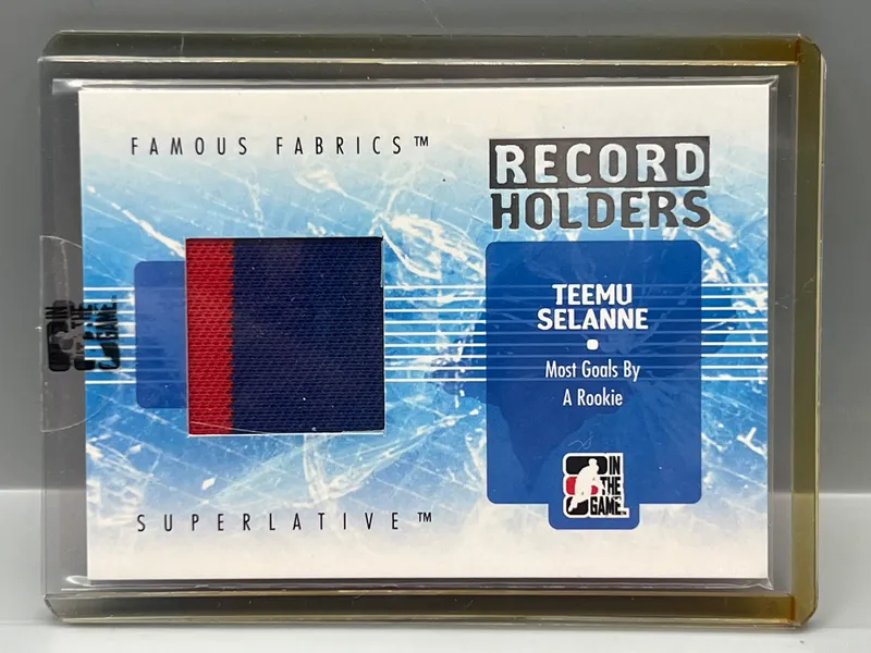 2008 In The Game Hockey Teemu Selanne Silver Record Holders Famous Fabrics Jumbo Game Used Jersey Relic #/9 - Sealed In Toploader from auction in Greenville, Ohio