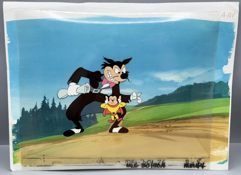 1979-80 Filmation Mighty Mouse & Oil Can Harry Original Hand-Painted Animation Cel Composite Setup - the background picture is a non-original photocopy - Rare from auction in Greenville, Ohio
