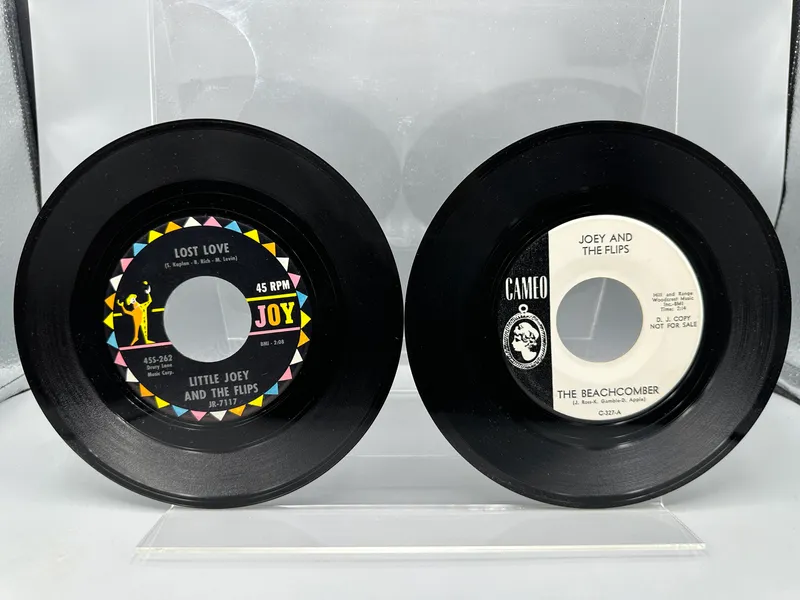 1962-1964 Joey And The Flips Joy/Cameo Label 45 RPM Records - #JR-7116 and #C-327 - Featuring Bongo Stomp and The Beachcomber White Label Promo from auction in Greenville, Ohio