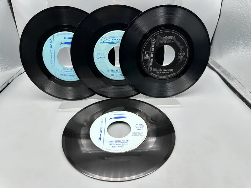 (4) The Fleetwoods Dolphin, Dolton, & Liberty Label 45 RPM Records - Featuring #1 hits Come Softly To Me and Mr. Blue from auction in Greenville, Ohio