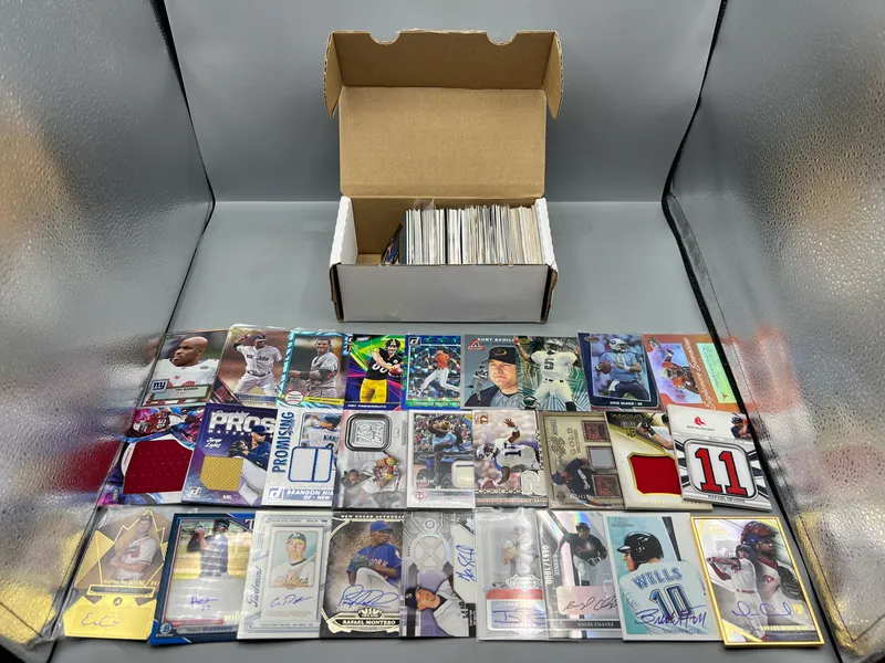 Box of (150) Assorted Basketball, Baseball, & Football Serial Numbered, Relic, & Auto Cards W/ Many Stars from auction in Greenville, Ohio