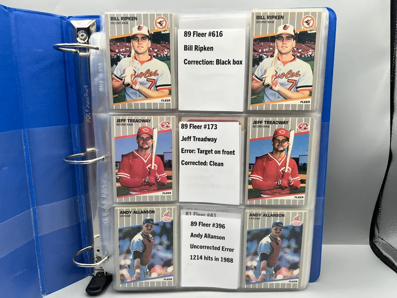 Binder of Assorted Multi-Sport Error/Variation Cards W/ 1989 Fleer Bill Ripken FF Black Box & Treadway Target Error from auction in Greenville, Ohio