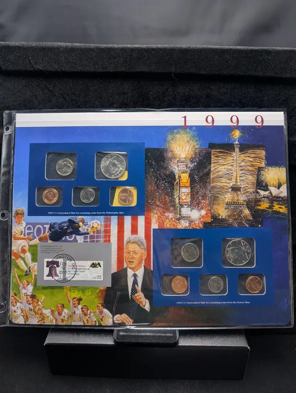 1999 P & D U.S. Uncirculated Mint Sets With Stamps (NO QUARTERS) from auction in Greenville, Ohio