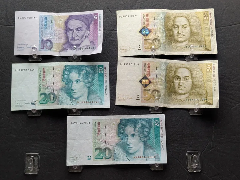 (5) 1991-1996 German Deutsche Mark Banknotes issued in Germany - Includes 10, 20, and 50 DM Denominations from auction in Greenville, Ohio