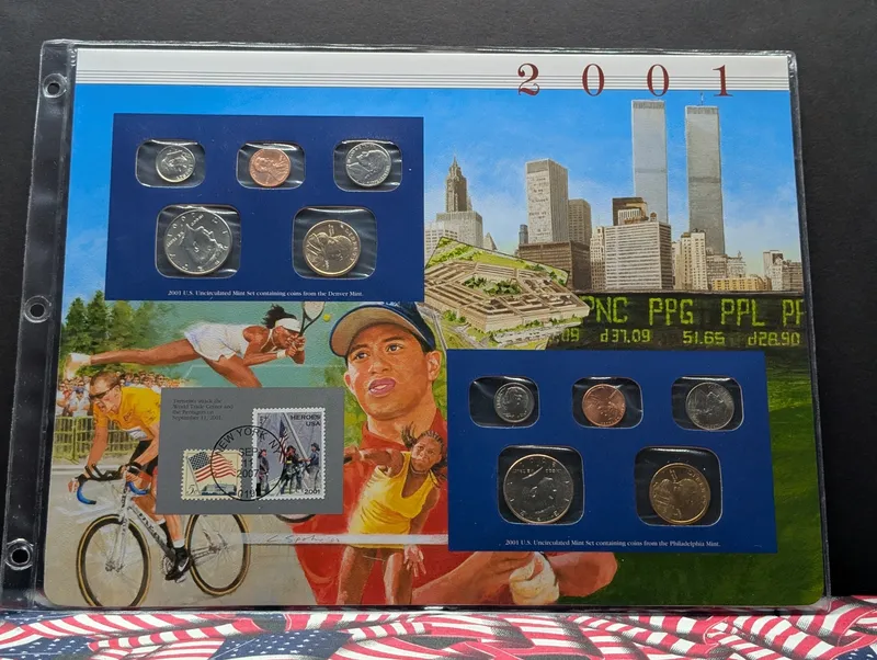 2001 P & D U.S. Uncirculated Mint Sets With Stamps (NO QUARTERS) from auction in Greenville, Ohio