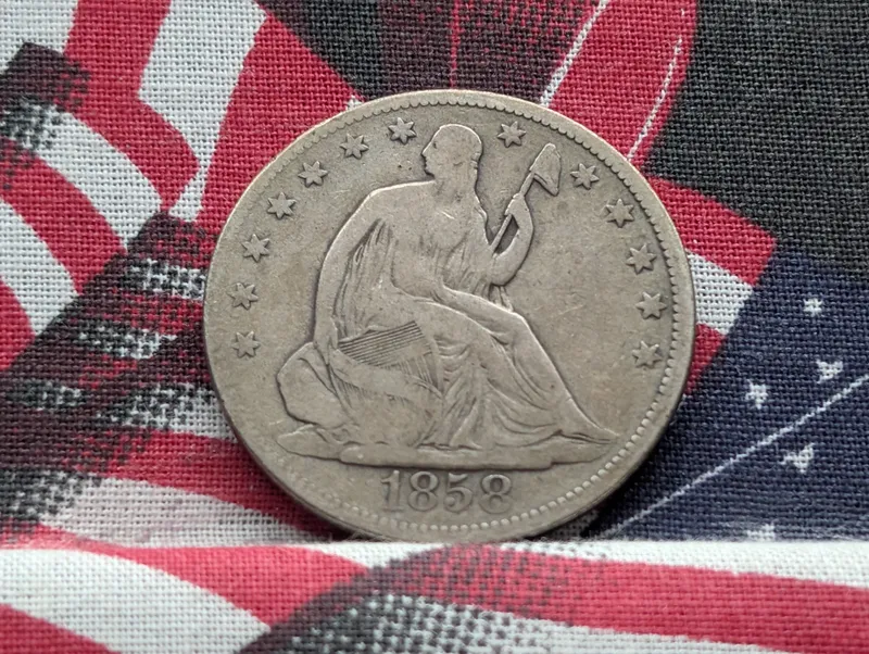 1858 w/ Drapery Seated Liberty 90% Silver Half Dollar from auction in Greenville, Ohio