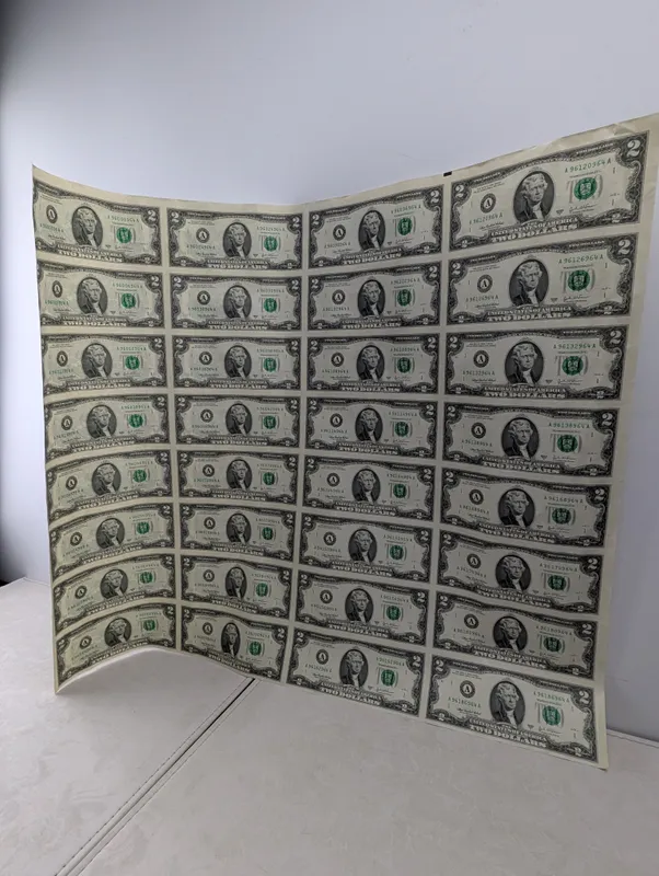 Sheet of 32 Uncut 2003 A Series $2.00 Boston Federal Reserve Notes from auction in Greenville, Ohio