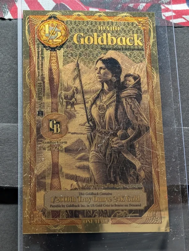 1/2000th Troy Oz. 24k GOLD 2026 Idaho 1/2 Dollar Goldback from auction in Greenville, Ohio