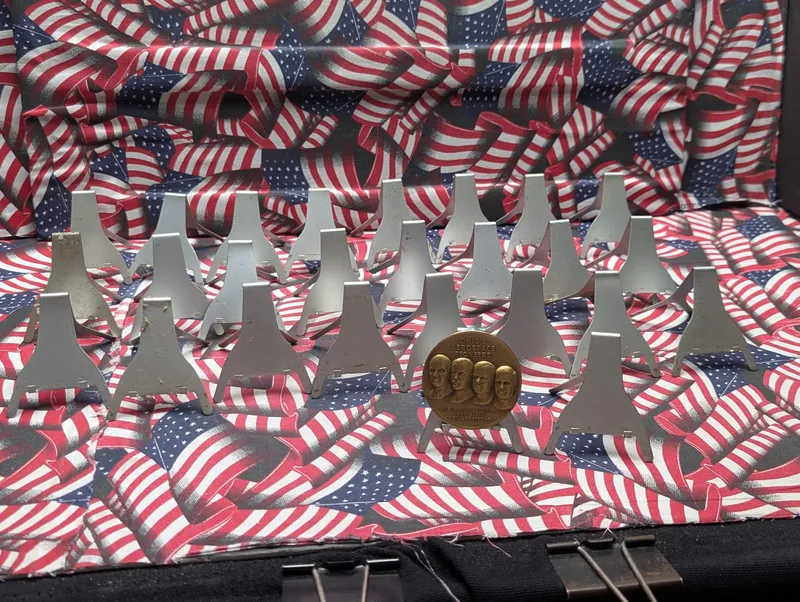 Ohio's Aerospace Pioneers Vintage Commem Bronze Medal & Box of 25+ Bronze Medal Display Stands, One Medal from auction in Greenville, Ohio