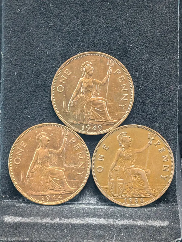 1936, 1944, & 1949 British Pennies from auction in Greenville, Ohio