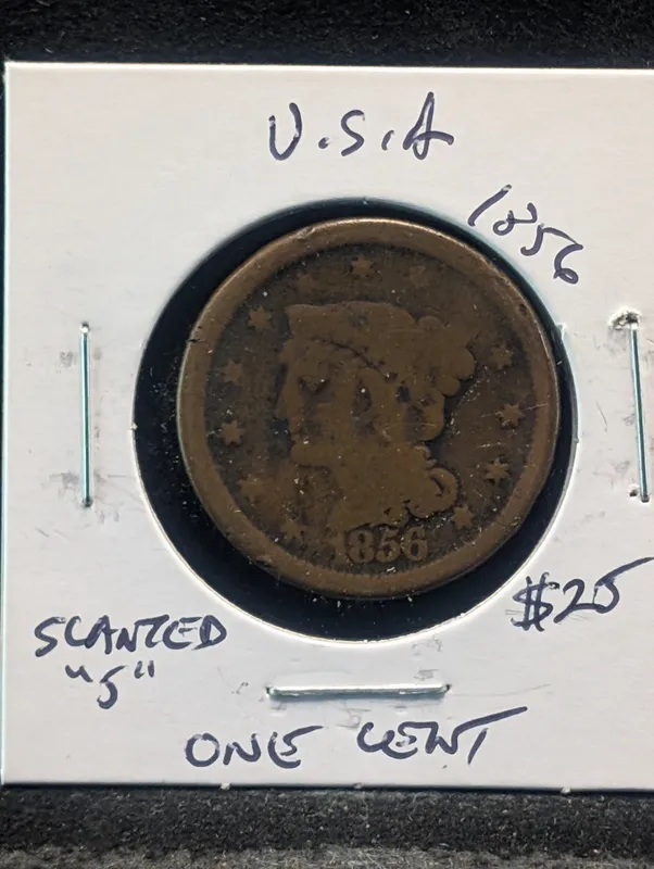 1856 Braided Hair Large Cent - Slanted 5 Variety! from auction in Greenville, Ohio