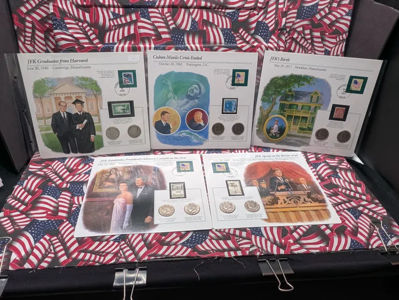 (1985 to 1990) 5pc P&D Lot Kennedy Half Dollars In Info Sheets, 10 Coins - No 1987 Sheet from auction in Greenville, Ohio