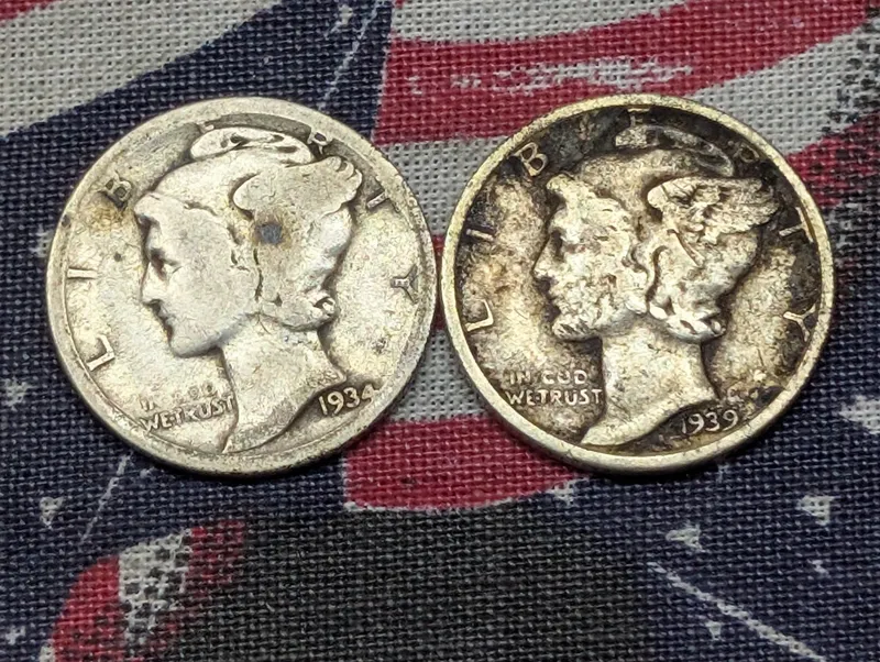 1934 & 1939 Mercury Dimes, 90% Silver from auction in Greenville, Ohio