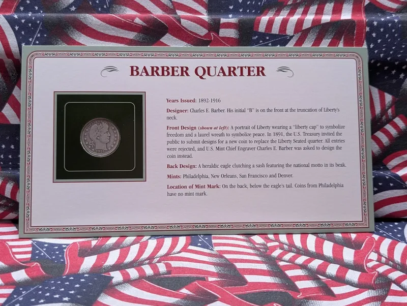 1916-D Barber 90% Silver Quarter in Eagle Holding the National Motto Display Card w/ Commem Stamp from auction in Greenville, Ohio