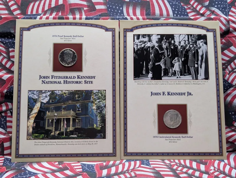 1976-S PROOF & 1976-S UNC Kennedy Bicentennial 40% Silver Half Dollars in Info Display Cards from auction in Greenville, Ohio