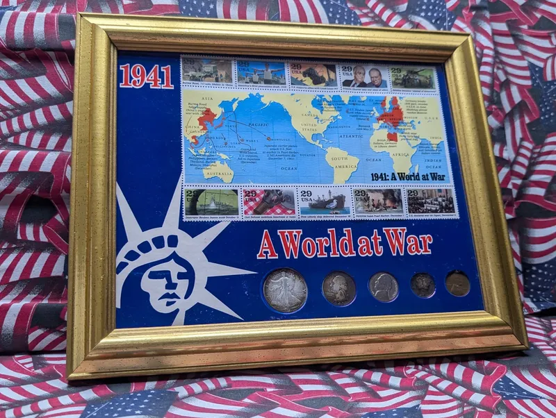1941 WWII A World at War 5 Type Coin Collectors Set & 29 Cent Stamps In Gold Frame - Includes (3) 90% Silver Coins from auction in Greenville, Ohio