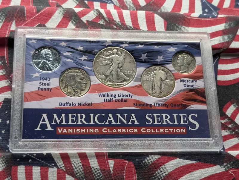 1943-D Walking Liberty Half Dollar, 1928 Seated Liberty Quarter, 1944 Mercury Dime, 1943-D Lincoln Steel Wheat Cent, & 1936 Buffalo Nickel In Americana Series Vanishing Classics Collection Display - (3) 90% Silver Coins from auction in Greenville, Ohio