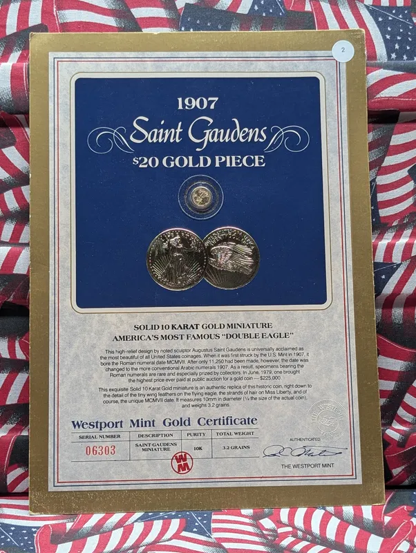 1907 Saint Gaudens $20 Gold Piece Miniature, 10K Gold - With Westport Mint Certificate from auction in Greenville, Ohio