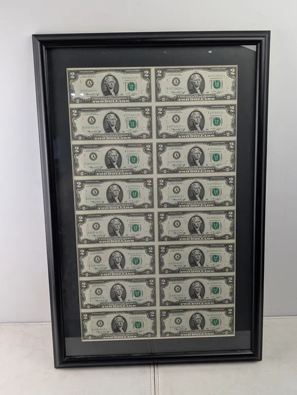 (16) 1976 US $2 Federal Reserve Notes - Uncut Sheet of Star Notes - Issued in Massachusetts from auction in Greenville, Ohio