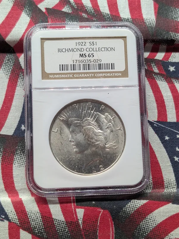 1922 Peace Dollar, 90% Silver NGC MS 65 Richmond Collection from auction in Greenville, Ohio