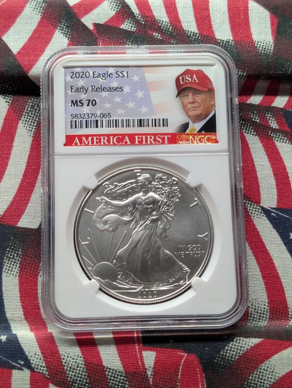 2020 American Silver Eagle, .999 Fine Silver 1 Troy Oz - NGC MS 70 Early Releases with America First Donald Trump Label from auction in Greenville, Ohio