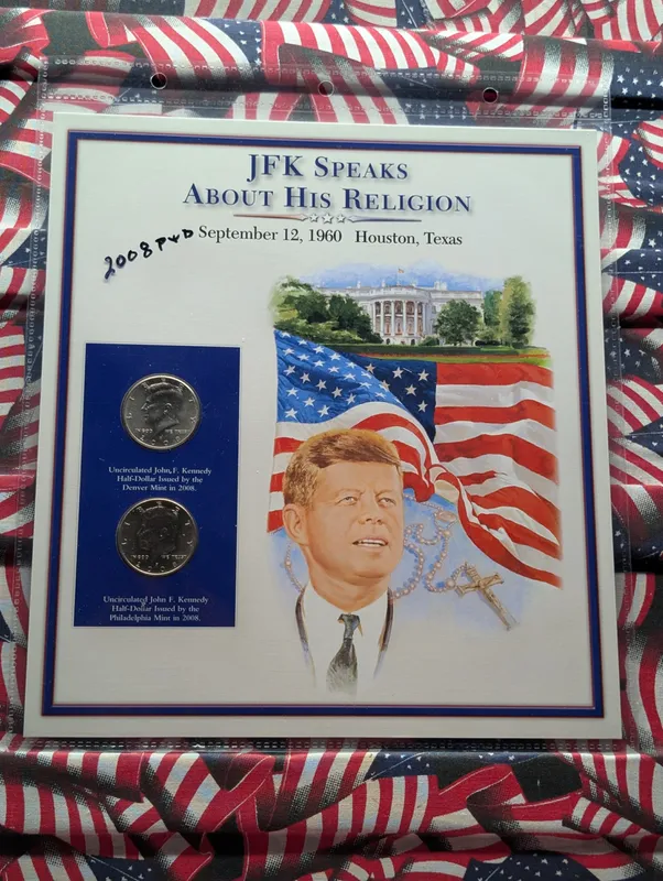 2008-P&D Kennedy Half Dollars Uncirculated in Commemorative Display Panel with 1957 3-Cent US Postage Stamp from auction in Greenville, Ohio