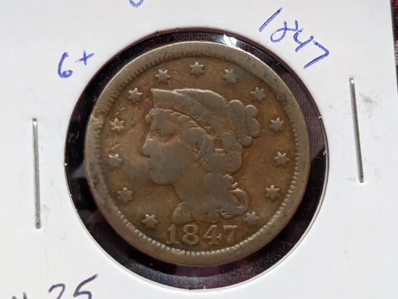 1847 US Braided Hair Large Cent from auction in Greenville, Ohio