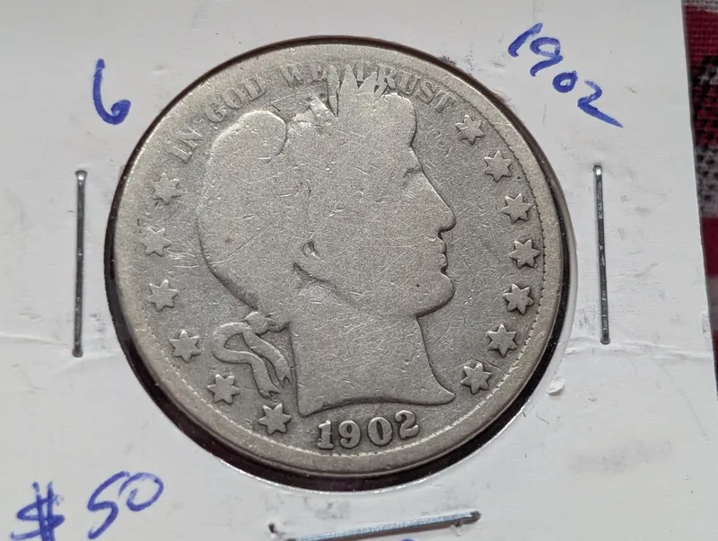 1902 US Barber Half Dollar, 90% Silver from auction in Greenville, Ohio