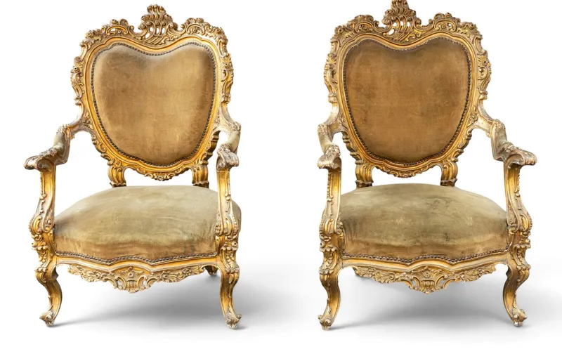 Pair of Antique French Gilt Wood Armchairs from auction in York, Pennsylvania