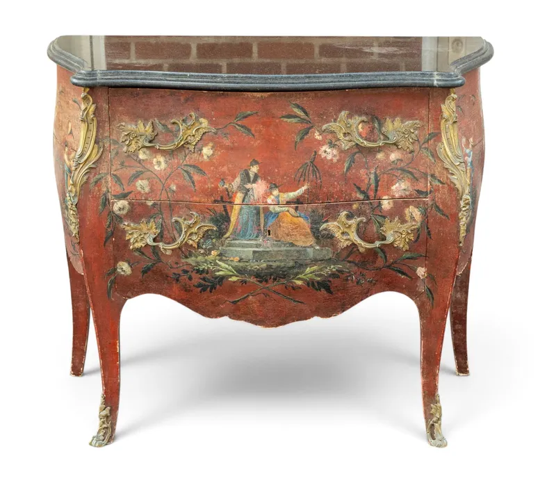 Antique Chinoiserie Sauteuse Marble Top Commode from auction in York, Pennsylvania