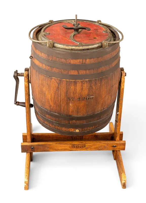 Hawthorne Wooden Barrel Butter Churn on Stand from auction in York, Pennsylvania