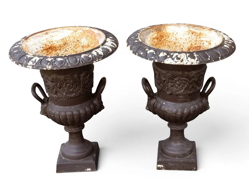 Pair of Cast Iron Handled Urns from auction in York, Pennsylvania