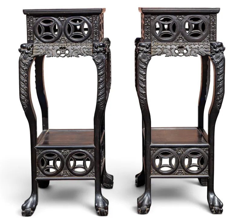 Pair of 4' H Marble Top Chinese Export Stands from auction in York, Pennsylvania
