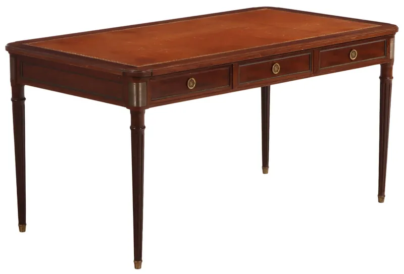 59" FRENCH MAHOGANY BRONZE MOUNTED WRITING DESK IN THE LOUIS XVI STYLE HAVING AN EMBOSSED LEATHER from auction in Philadelphia, Pennsylvania
