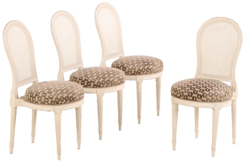 FOUR PAINTED FRENCH DIRECTOIRE STYLE SIDE CHAIRS C 1945 WITH RECENT FABRIC. from auction in Philadelphia, Pennsylvania