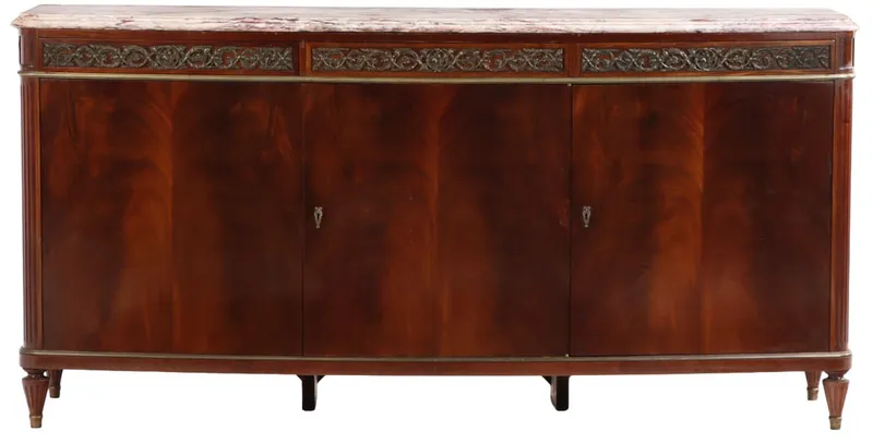 FRENCH CROTCH MAHOGANY LOUIS XVI STYLE MARBLE TOP SIDEBOARD HAVING THREE DOORS AND A BRONZE FRIEZE C from auction in Philadelphia, Pennsylvania