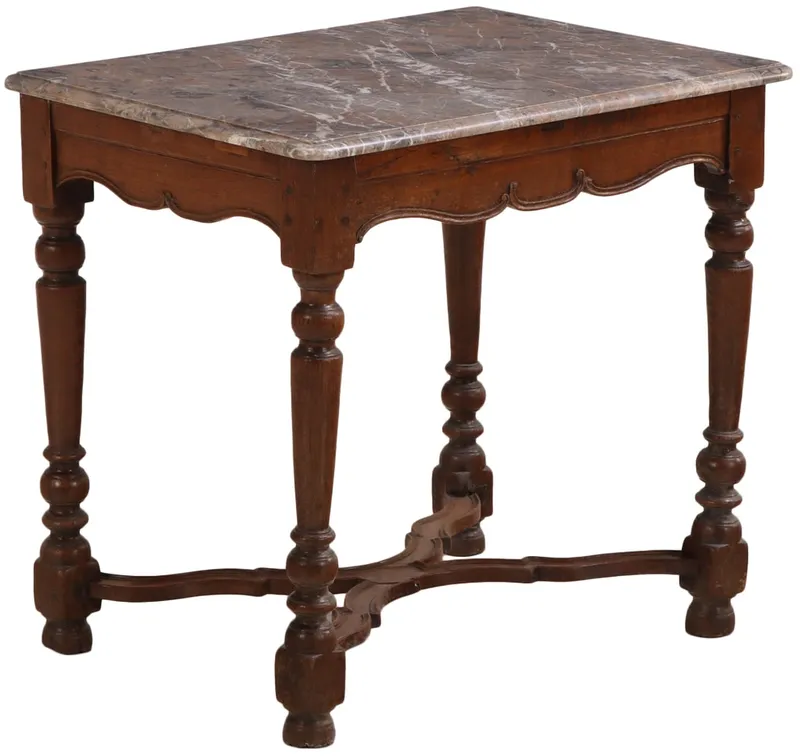 EIGHTEENTH CENTURY FRENCH OAK AND MARBLE TOP TABLE HAVING TURNED LEGS AND A SHAPED STRETCHER. from auction in Philadelphia, Pennsylvania